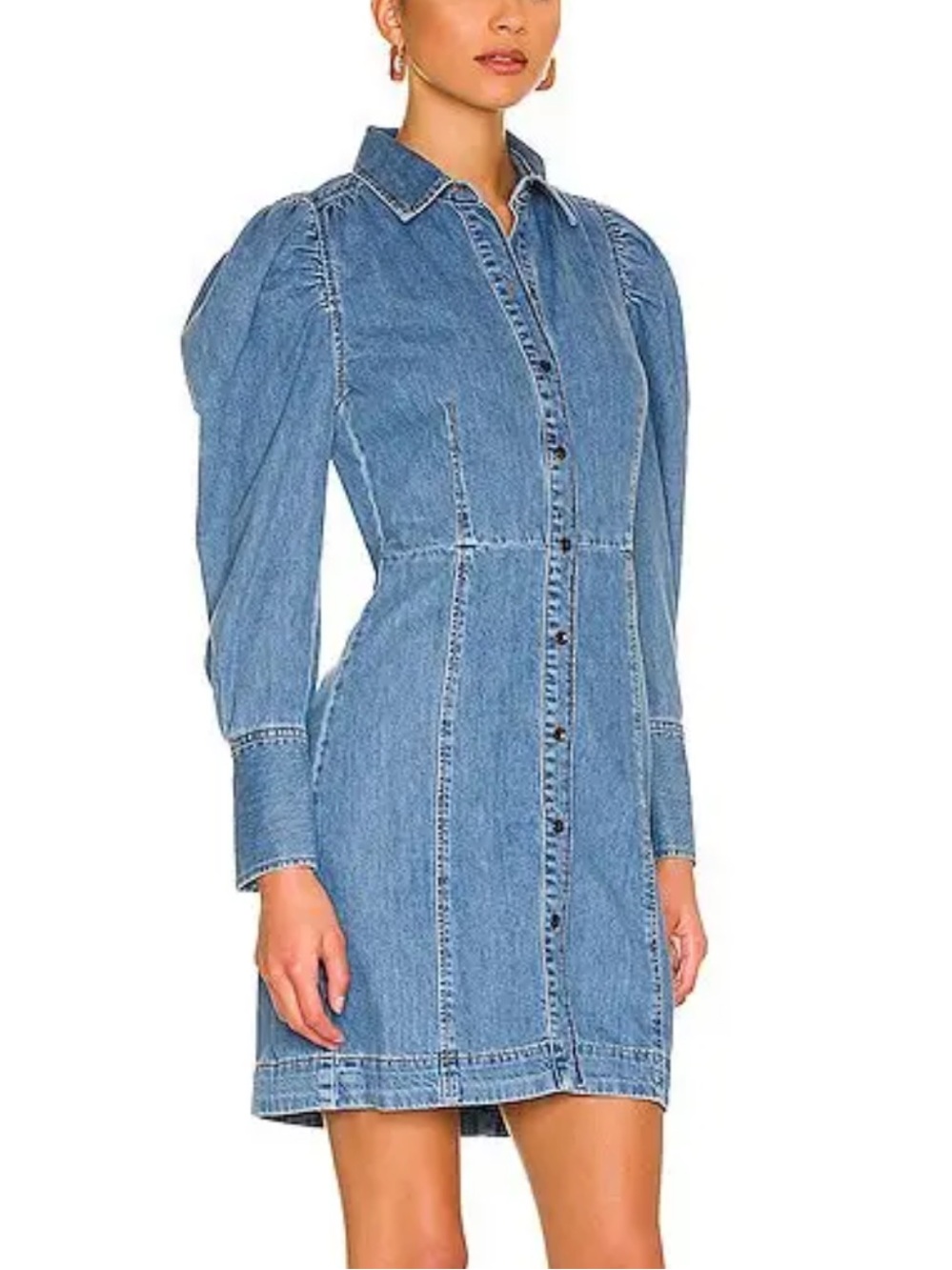FRAME Denim Button-Front Puff Sleeve Shirt Dress - Light Blue Small - Picture 2 of 10